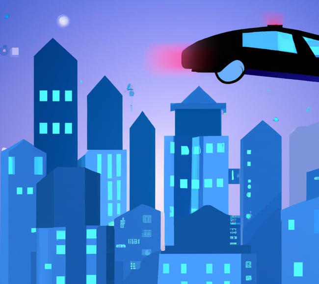 City skyline view with flying car 