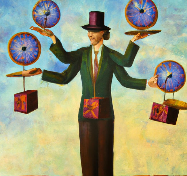 person juggling several clocks, colourful oil painting